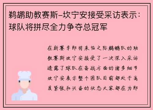 鹈鹕助教赛斯-坎宁安接受采访表示：球队将拼尽全力争夺总冠军