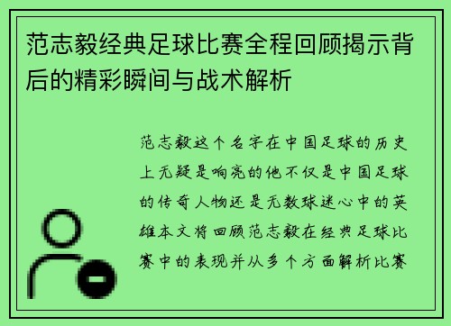 范志毅经典足球比赛全程回顾揭示背后的精彩瞬间与战术解析