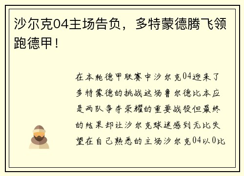 沙尔克04主场告负，多特蒙德腾飞领跑德甲！