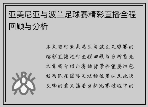 亚美尼亚与波兰足球赛精彩直播全程回顾与分析