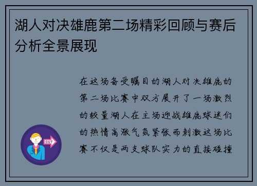 湖人对决雄鹿第二场精彩回顾与赛后分析全景展现