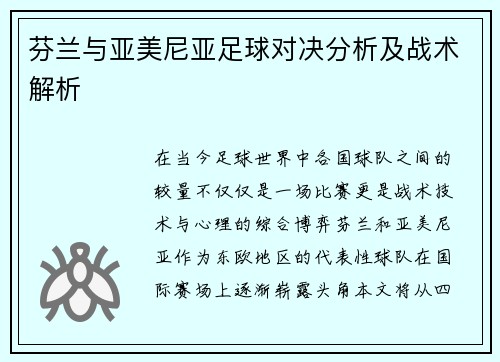 芬兰与亚美尼亚足球对决分析及战术解析